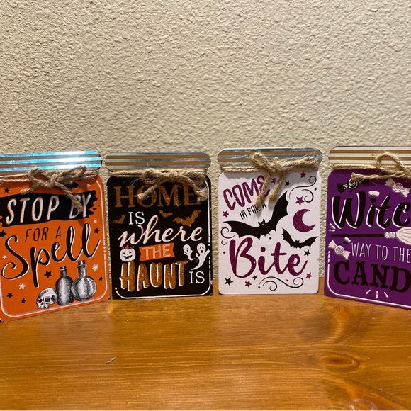 Halloween Decor For Tier Trays, Halloween Mason Jar Shaped Wood Signs Set Of 4 - Picture 5 of 16
